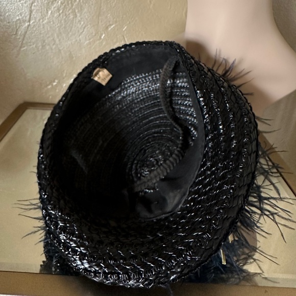 SULTRY 1930s\' BLACK STRAW TILT HAT - OSTRICH FEATHER TRIM + BLUE FABRIC FLOWERS